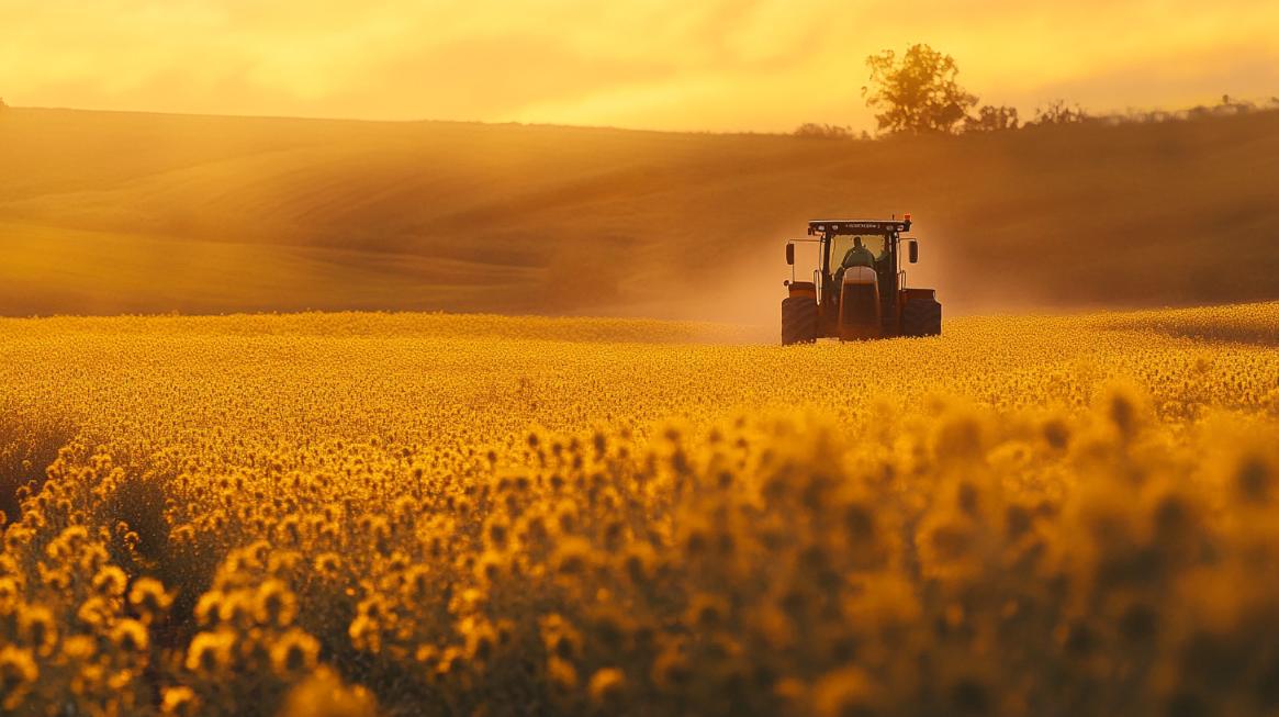 Étude visuelle originale d'une machine agricole dans un champ de canola