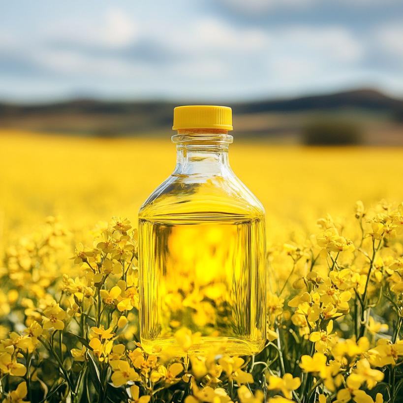 Étude visuelle originale d'huile de canola devant un champ en fleurs