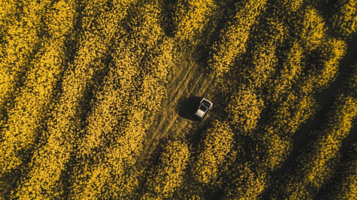 Étude visuelle originale en plongée d'un champ de canola et de ses rangs