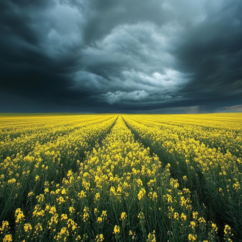 Étude visuelle originale de rangs de canola et de traces de circulation dans un champ