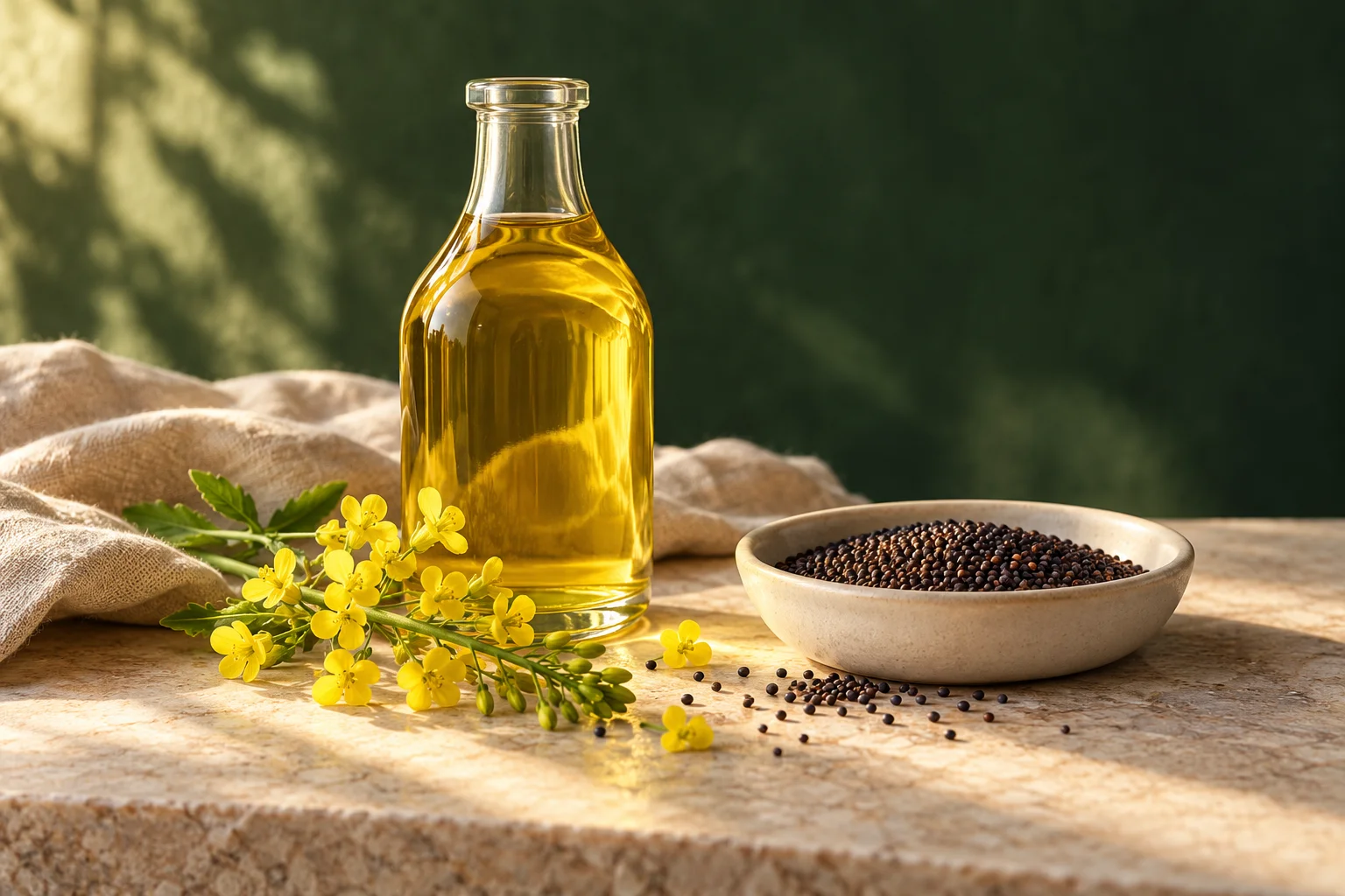 Original editorial still-life illustration of unbranded canola oil and ingredients
