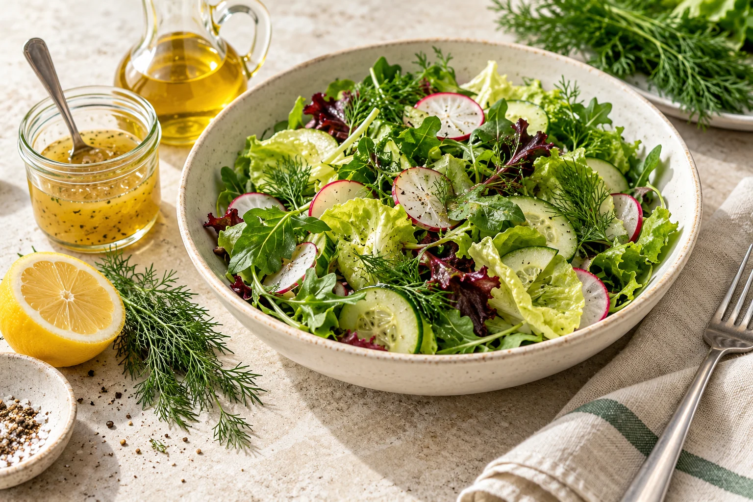 Representative editorial salad and dressing illustration